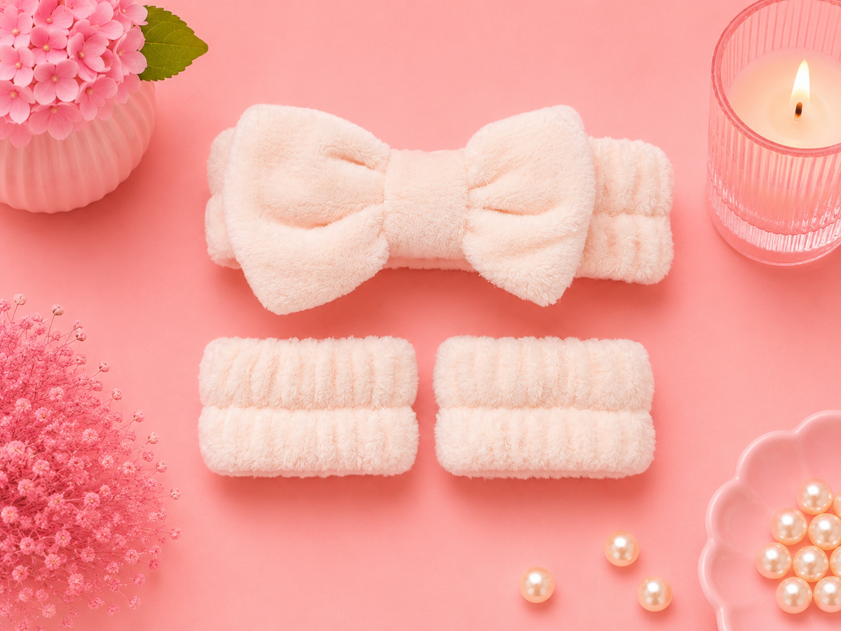 Felpa colocada junto a muñequeras para cuidado facial