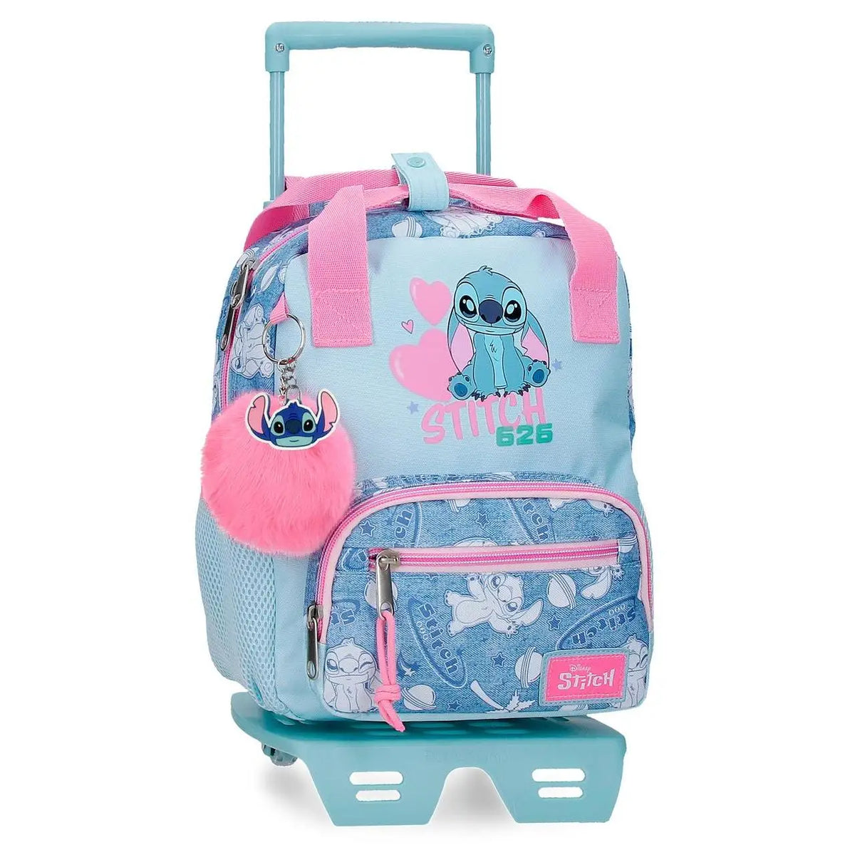 Mochila escolar azul de Stitch con diseño de corazones
