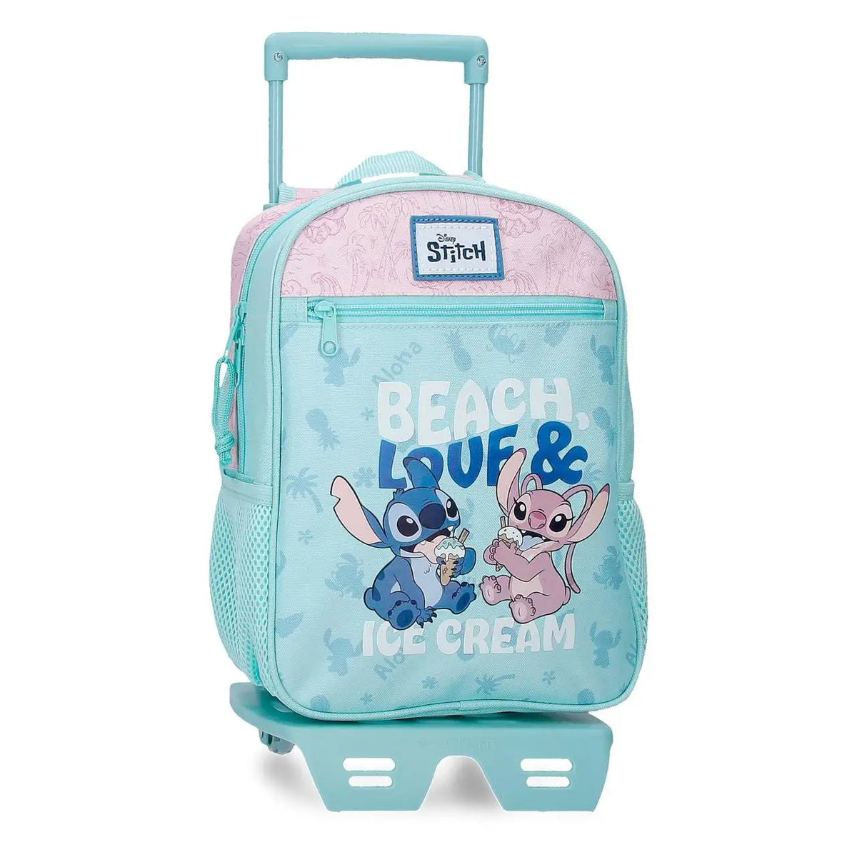 Mochila escolar turquesa con Stitch y Angel y trolley integrado