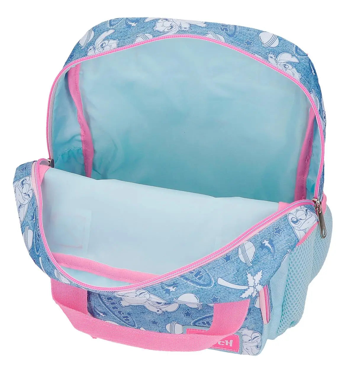 Bolsillos laterales de malla en la mochila escolar azul