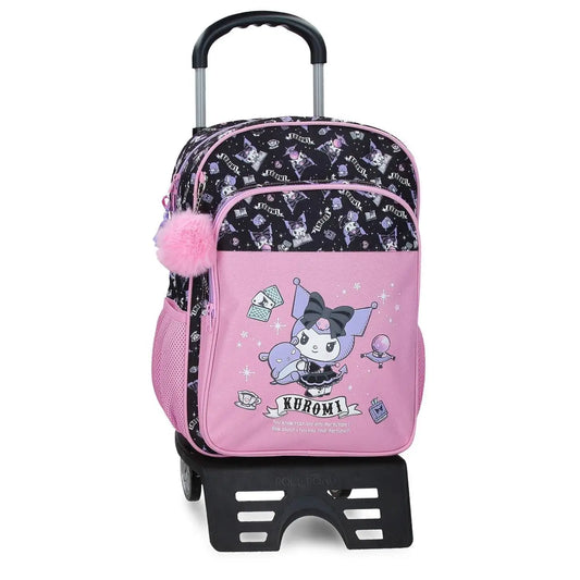 Mochila escolar Kuromi rosa y negra con carro integrado