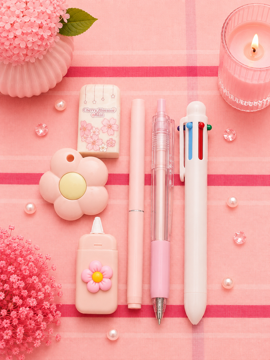 Set de papelería kawaii con cúter sobre un escritorio