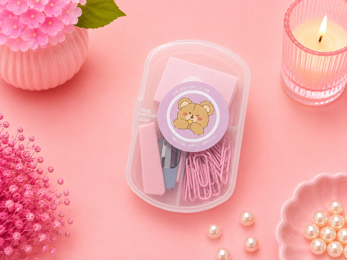 Grapadora kawaii y clips para organizar documentos