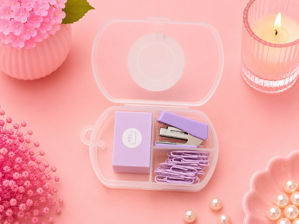 Set de escritorio kawaii con grapadora y clips