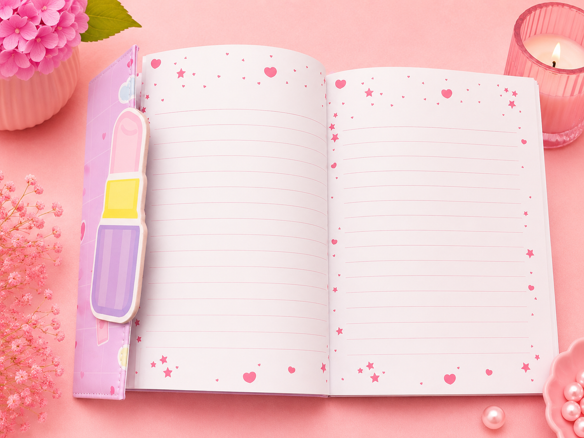 Cuaderno kawaii visto de frente con su portada decorada