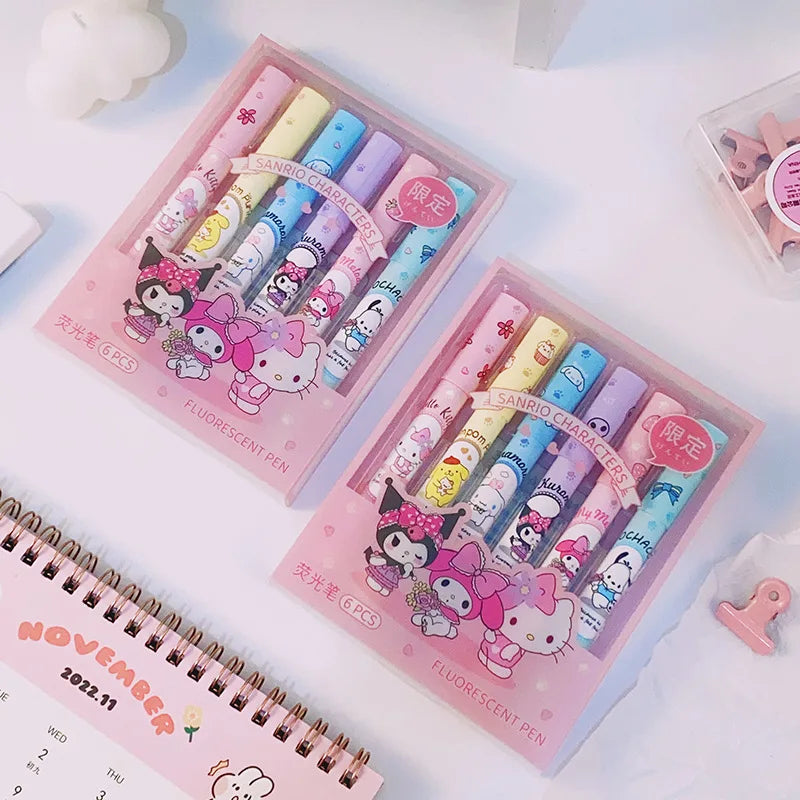 Set B de seis subrayadores con diseño kawaii