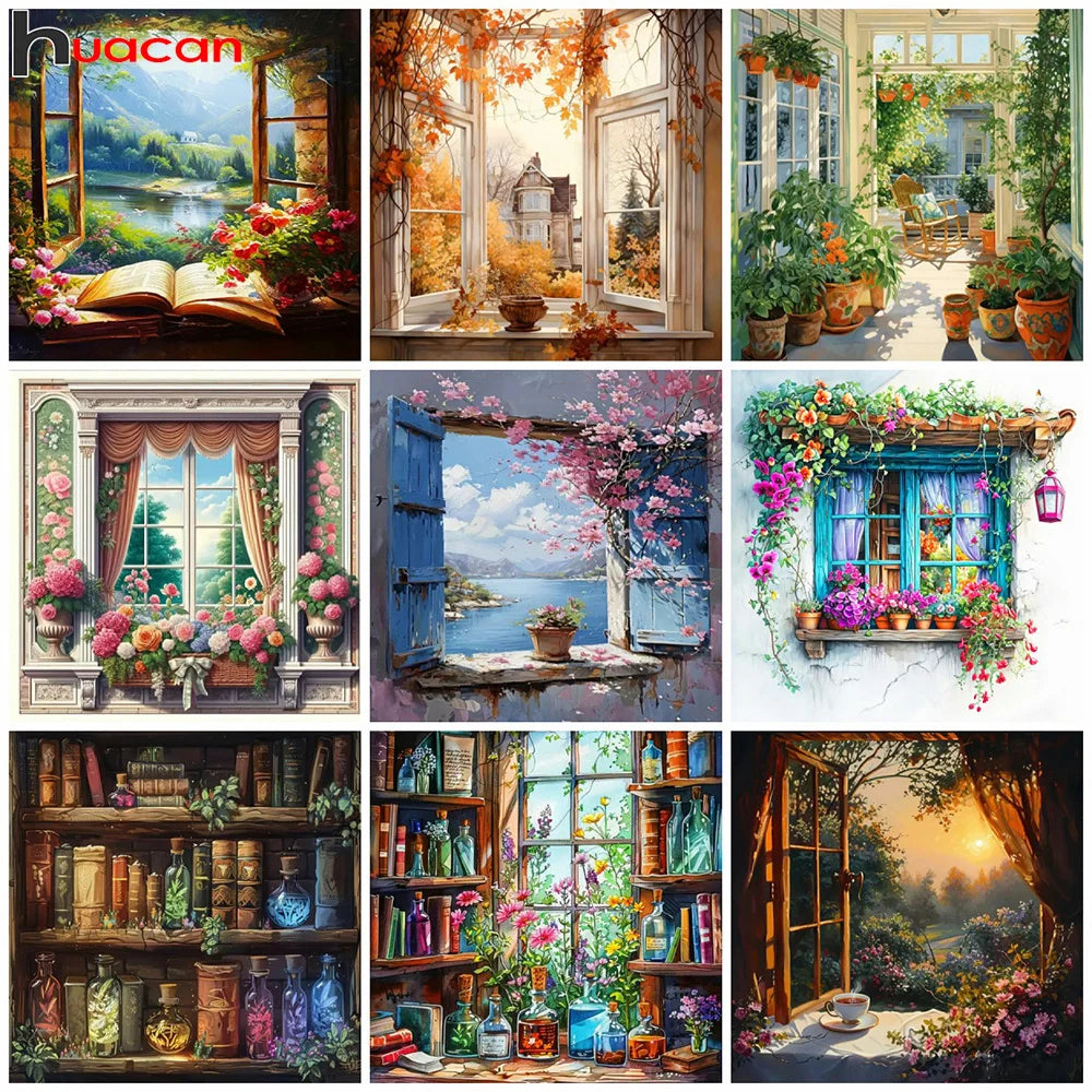 Kit de diamond painting con paisaje floral y flores de colores