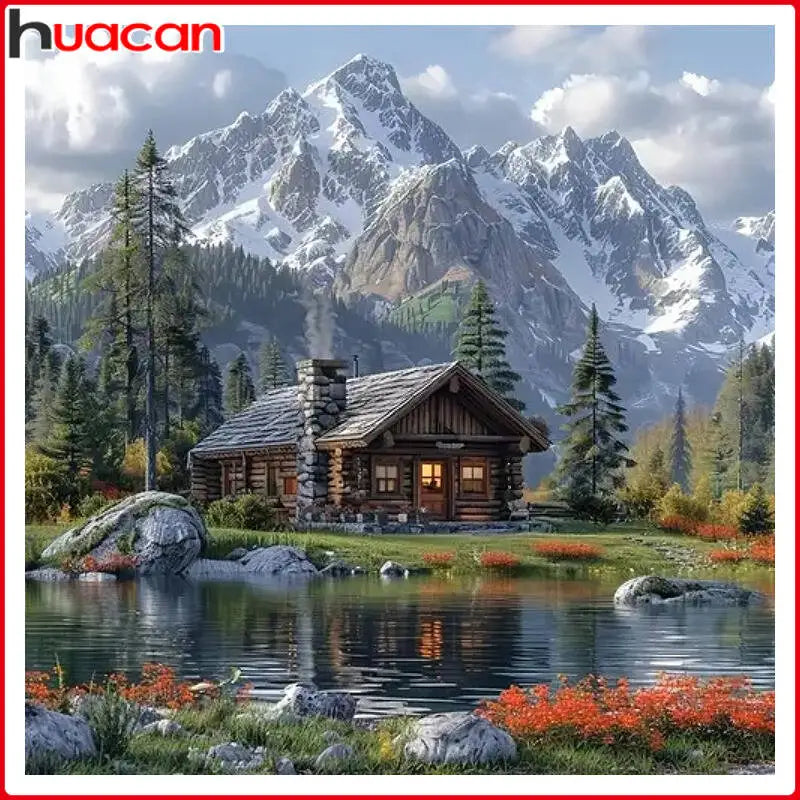 Paisaje de río, montañas y casa de madera para completar con diamond painting