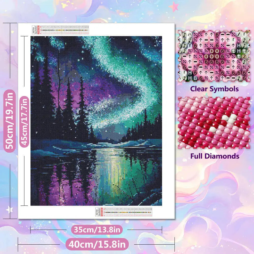 Montañas y río representados en el diseño de diamond painting