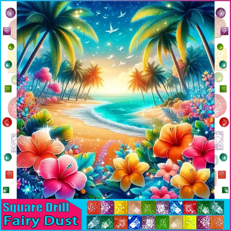 Paisaje floral con árbol y mar para completar con diamantes