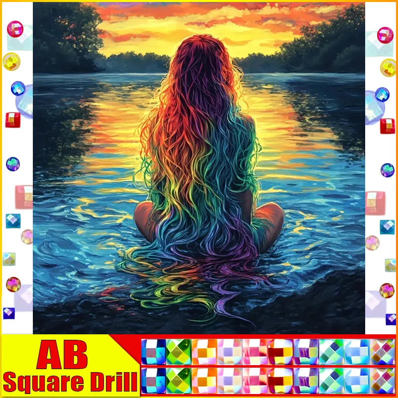 Retrato femenino con tonos cálidos de atardecer en diamond painting