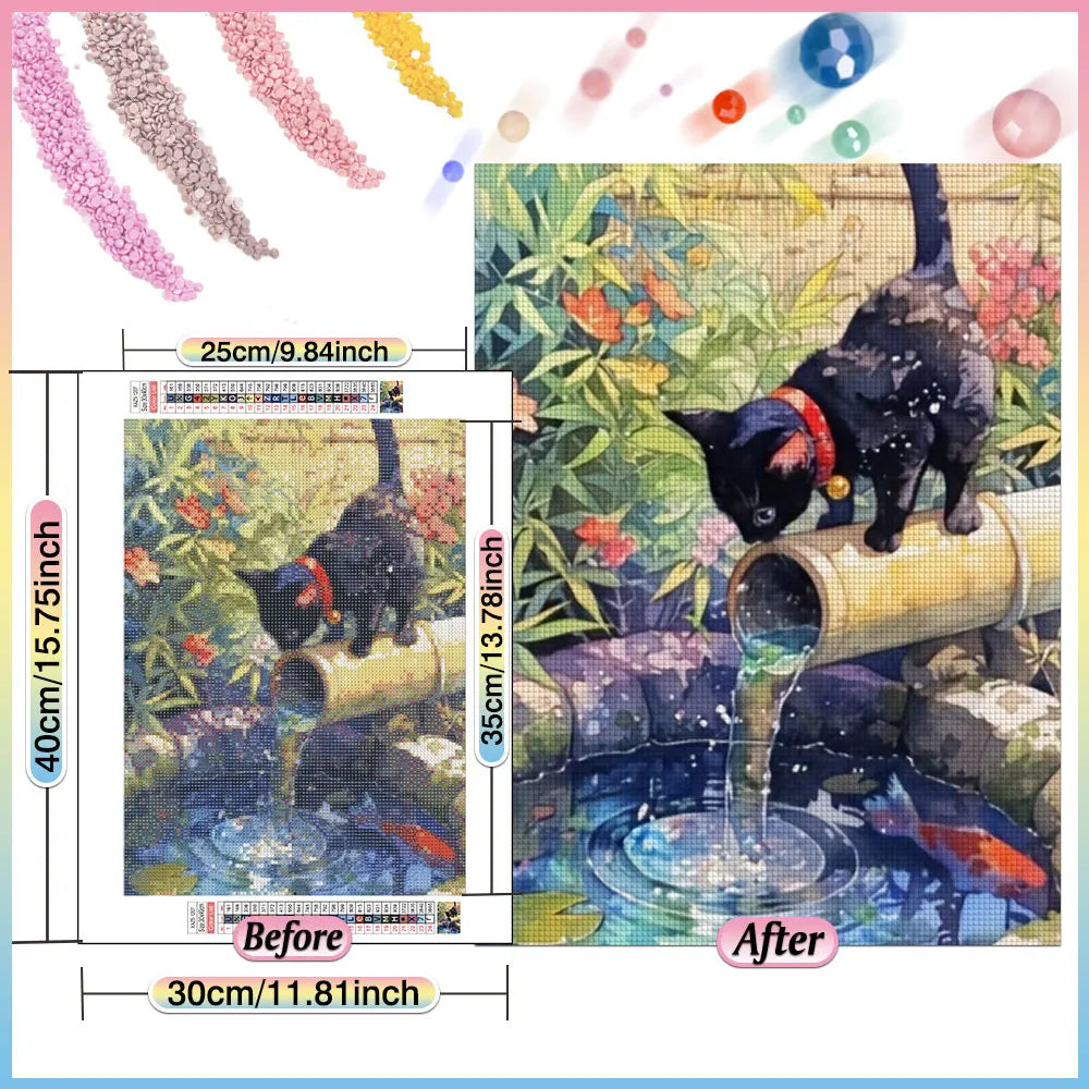 Detalle del gato y el bambú en un mosaico de diamantes