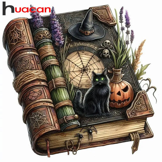 Diamond painting 5D de Halloween con gato, calabaza y flores