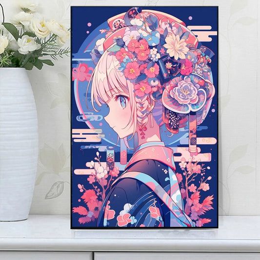 Diseño floral de diamond painting con personaje femenino