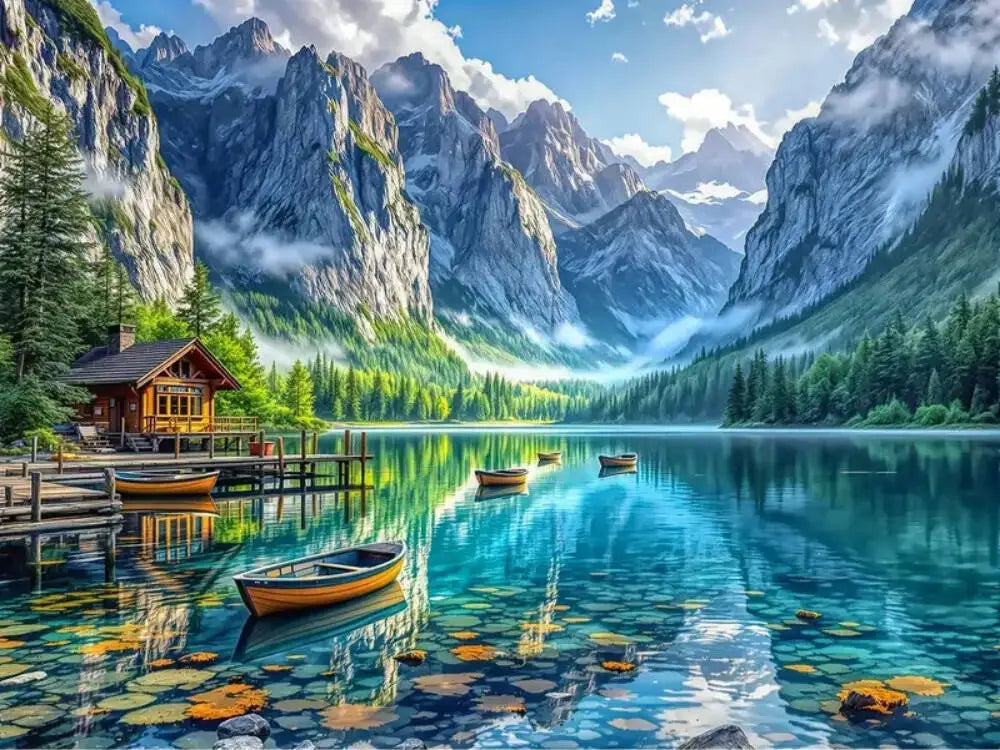 Paisaje montañoso con lago listo para convertirse en decoración