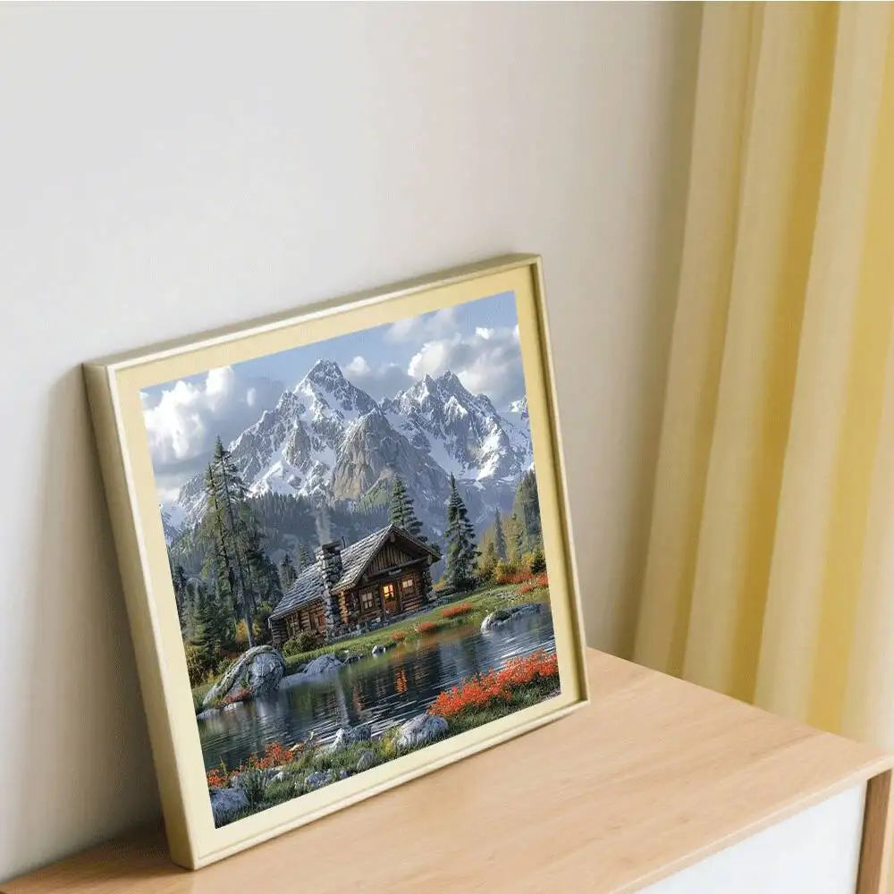 Lienzo con una casa junto al río y un paisaje montañoso