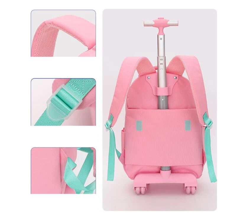 Vista frontal de mochila escolar con ruedas