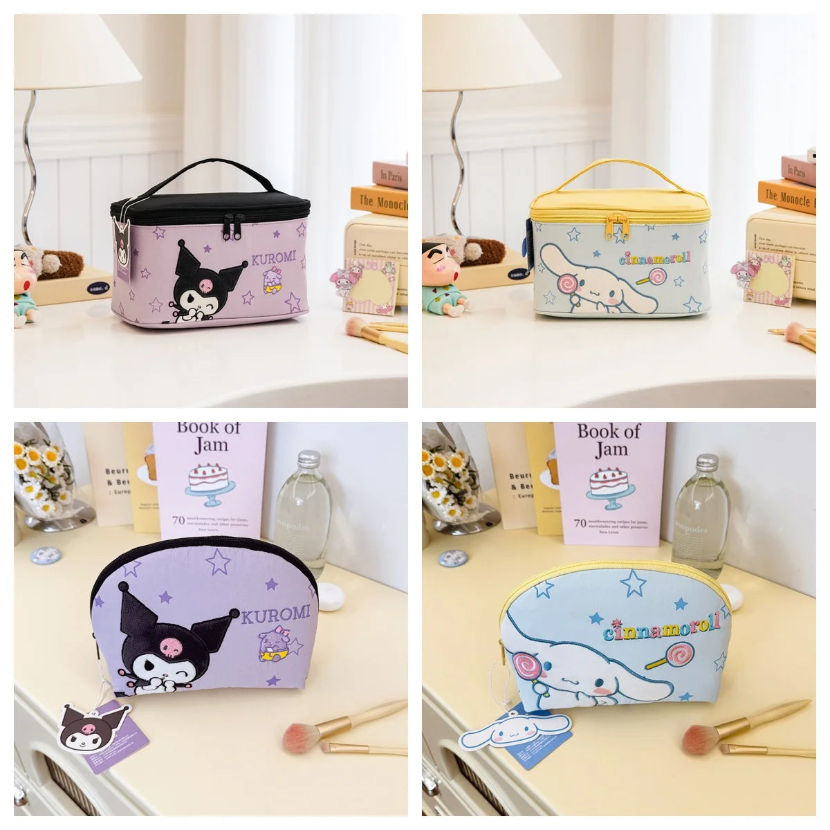 Neceser de maquillaje kawaii con apertura amplia y bordado 3D