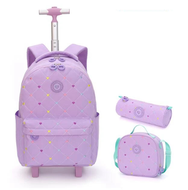 Mochilas escolares con ruedas en morado, rosa y verde