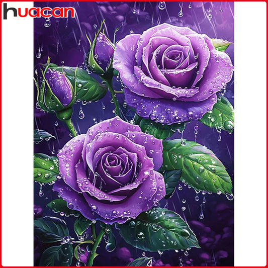 Diseño floral de diamond painting con una rosa morada