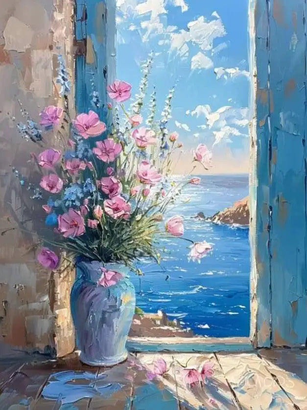 Composición decorativa de flores y paisaje