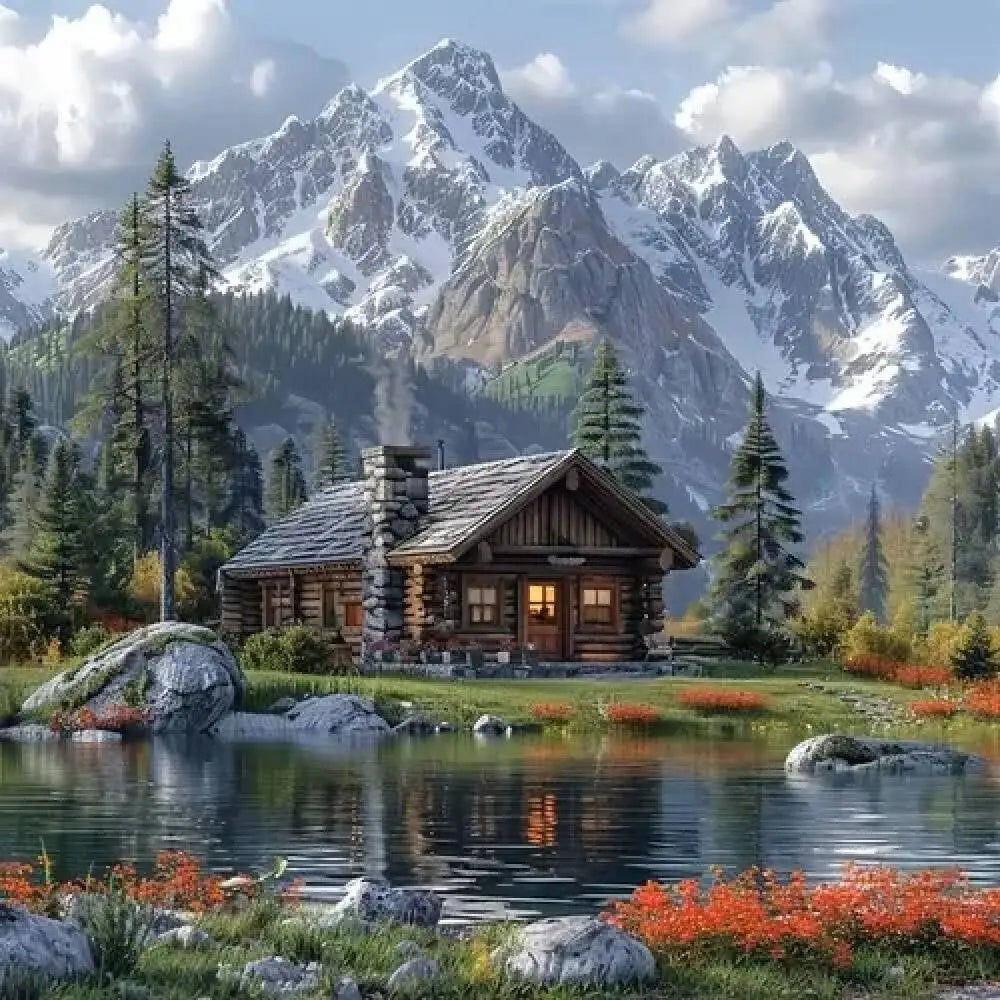 Escena decorativa de río y montaña formada con diamantes