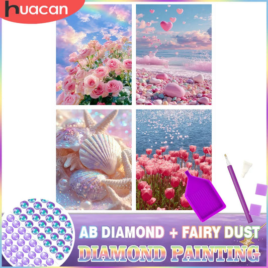 Paisaje floral de diamond painting con piedras redondas