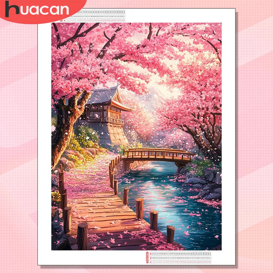 Kit de diamond painting con paisaje de flores de cerezo