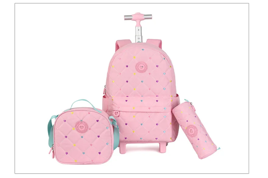Mochila escolar rosa con bolsa para comida y ruedas