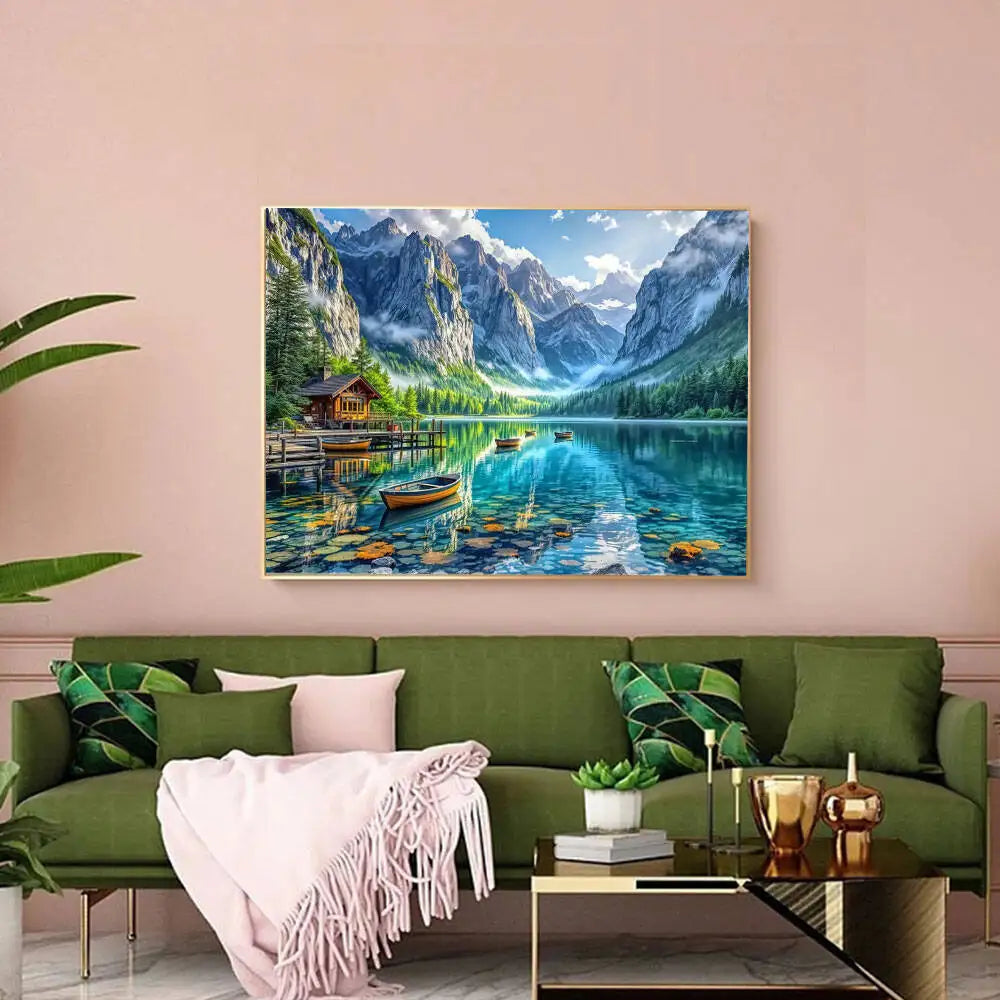 Detalle del paisaje montañoso y el lago del diseño