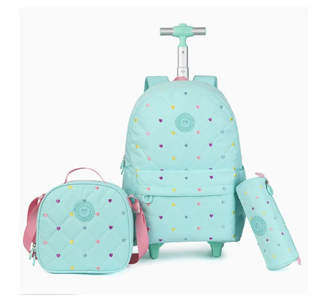 Mochila escolar morada con ruedas fijas y tirador