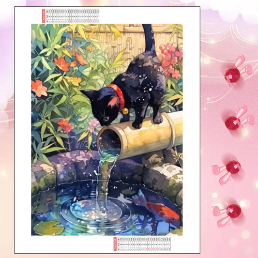 Gato entre bambú y agua en un diseño de diamond painting 5D