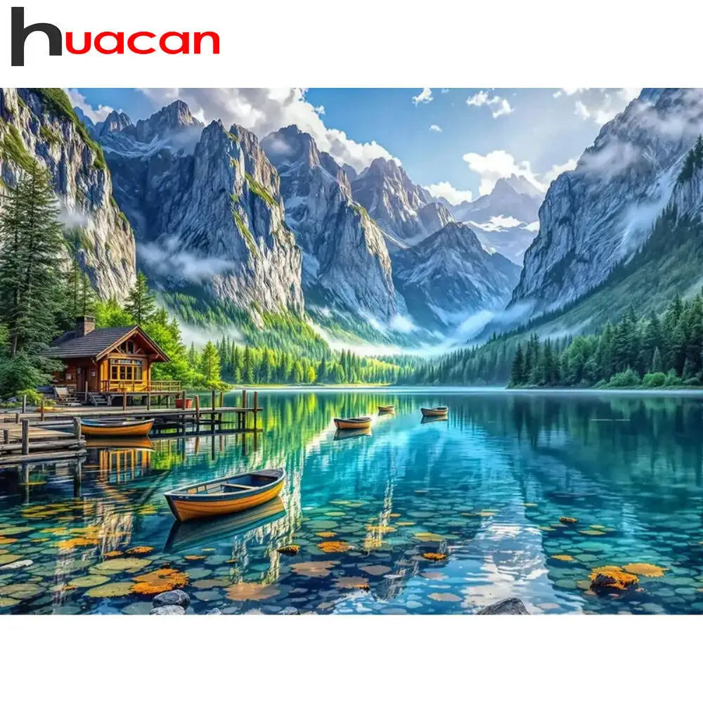 Paisaje de montaña y lago para completar con diamond painting