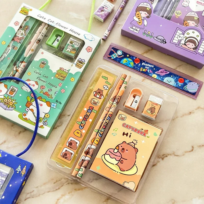 Set escolar kawaii de 6 piezas indicado para mayores de 3 años