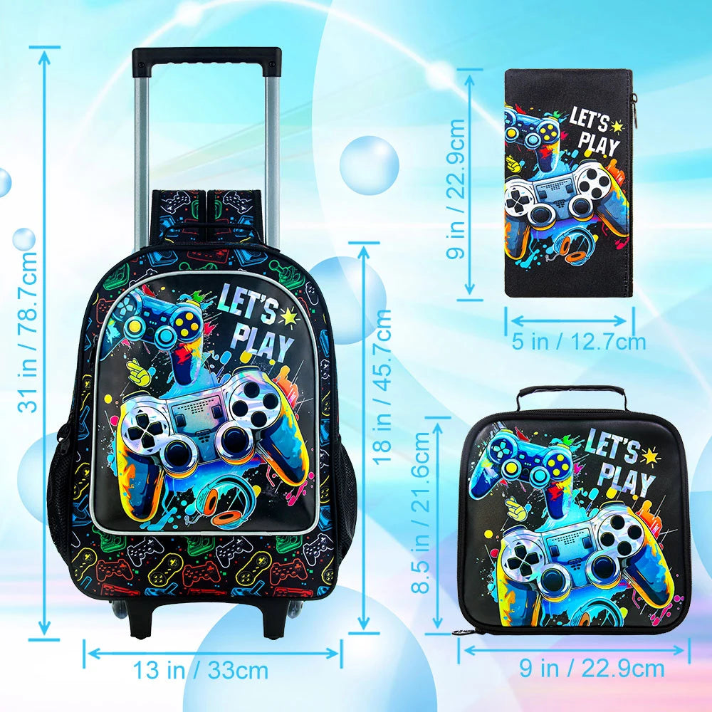 Vista frontal de mochila escolar con diseño gamer