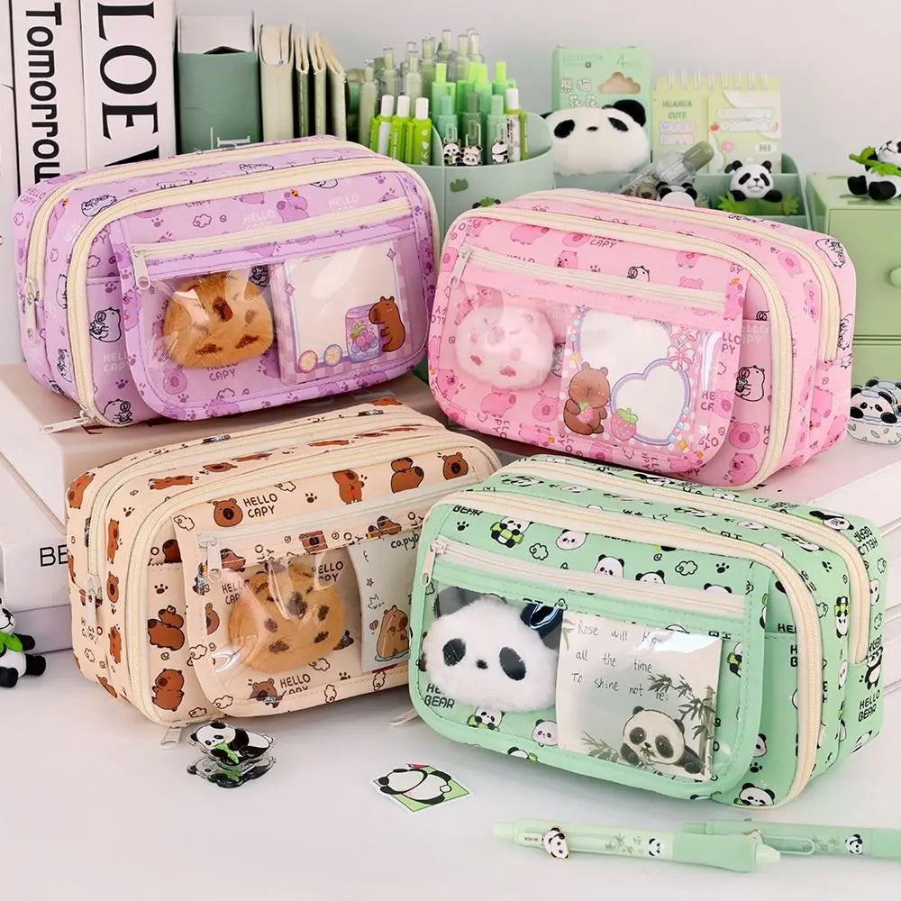 Estuche kawaii con diseños de capibara y panda para bolígrafos