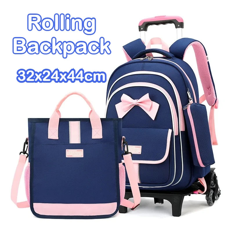 Set escolar de tres piezas con mochila infantil con ruedas