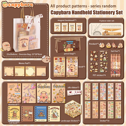 Set de papelería kawaii de capibara con estuche portátil