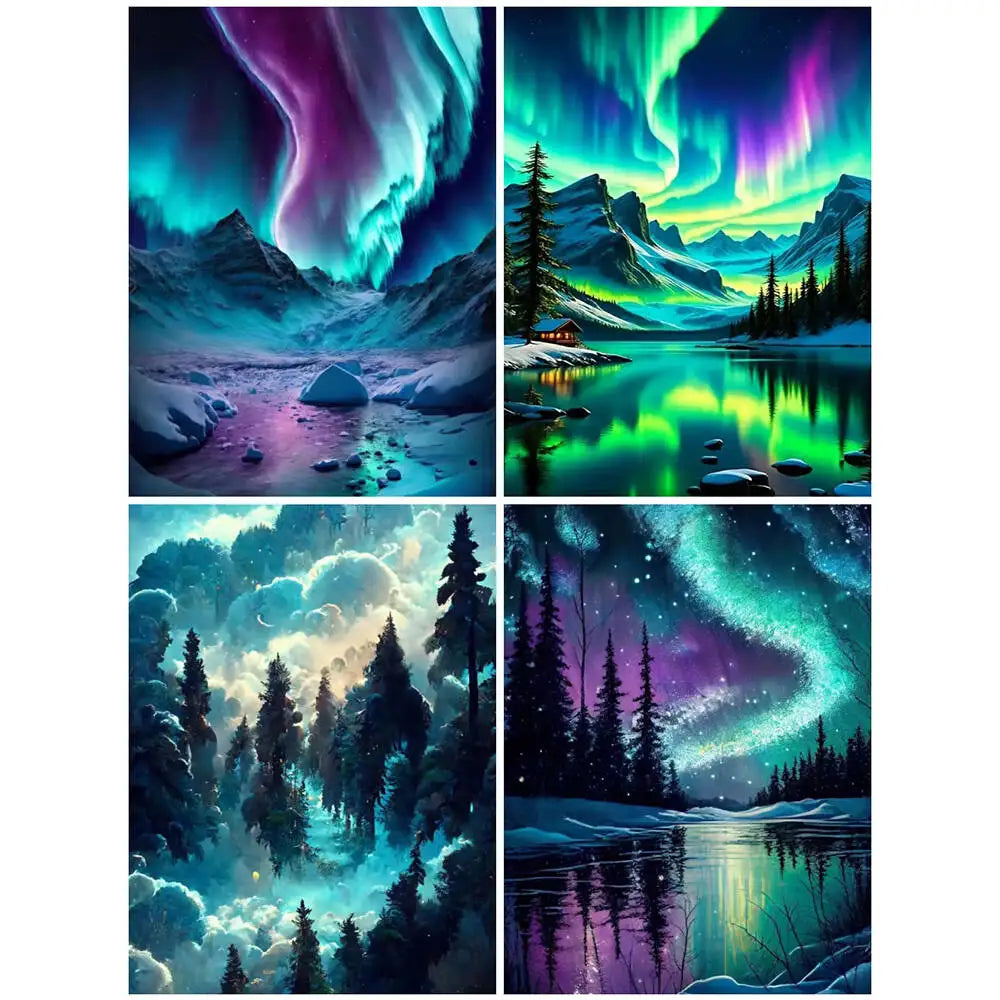 Paisaje de bosque iluminado por auroras del kit Aurora Forest