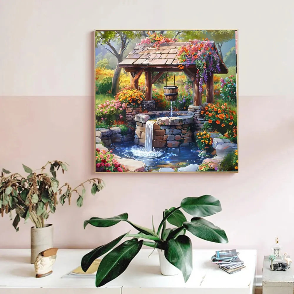 Lienzo con escena de jardín y pozo para decorar con diamantes de resina
