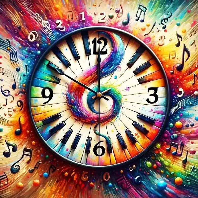 Composición decorativa de paisaje con piano y reloj