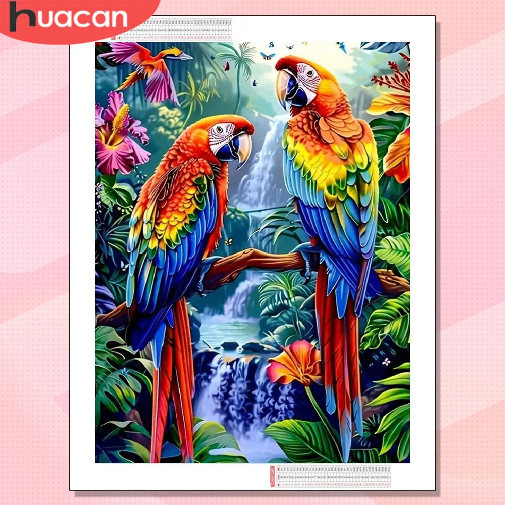 Loro tropical colorido entre cascadas y vegetación para completar con diamond painting