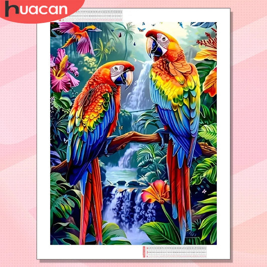 Loro tropical colorido entre cascadas y vegetación para completar con diamond painting