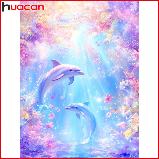 Diseño de delfines y flores para completar con diamond painting
