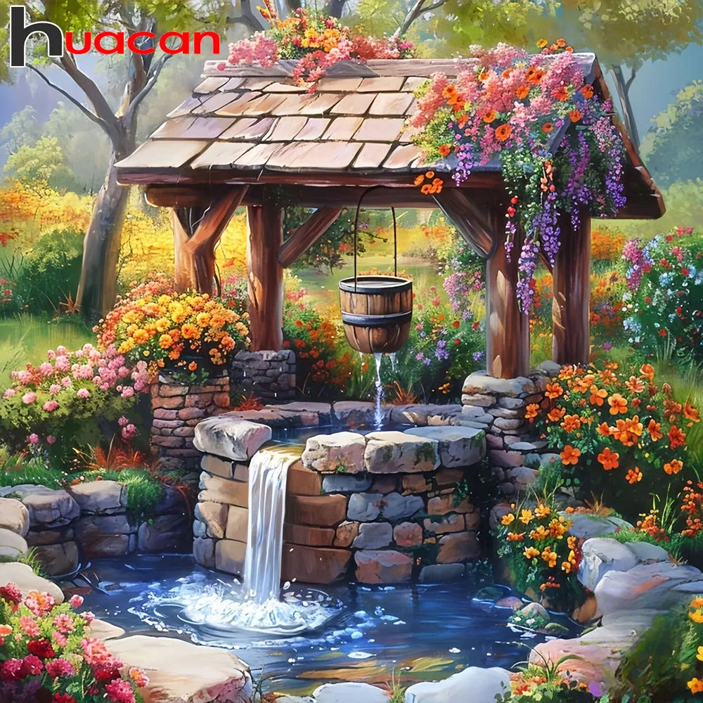 Paisaje floral con pozo de piedra para completar con diamond painting full drill