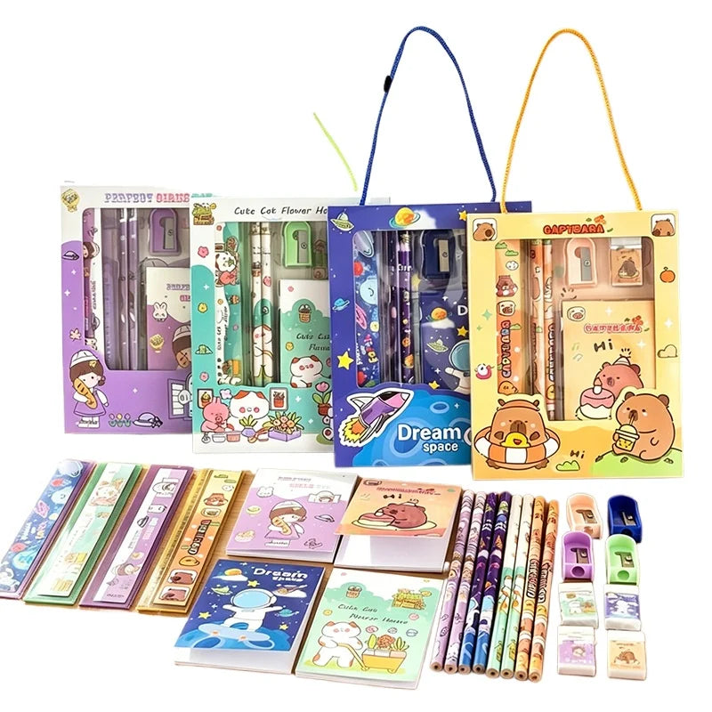 Vista general del set de papelería kawaii de 6 piezas