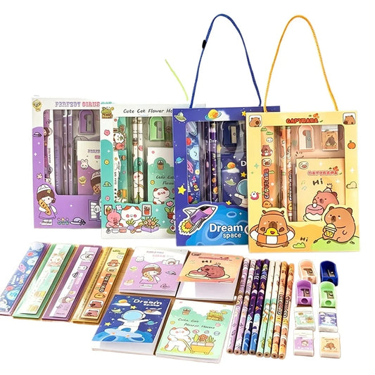 Vista general del set de papelería kawaii de 6 piezas